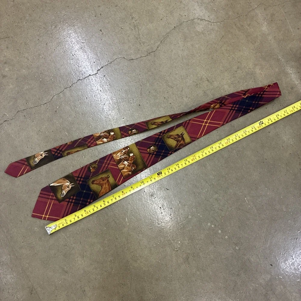 Vintage Equestrian Dogs Rare Polo Ralph Lauren Tie - Silk Handmade! Plaid! Red